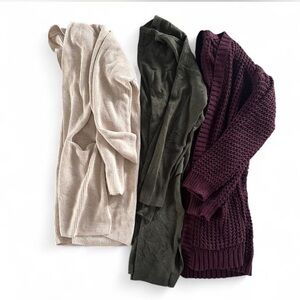bundle of three waffle knit ribbed long open front sweater cardigans